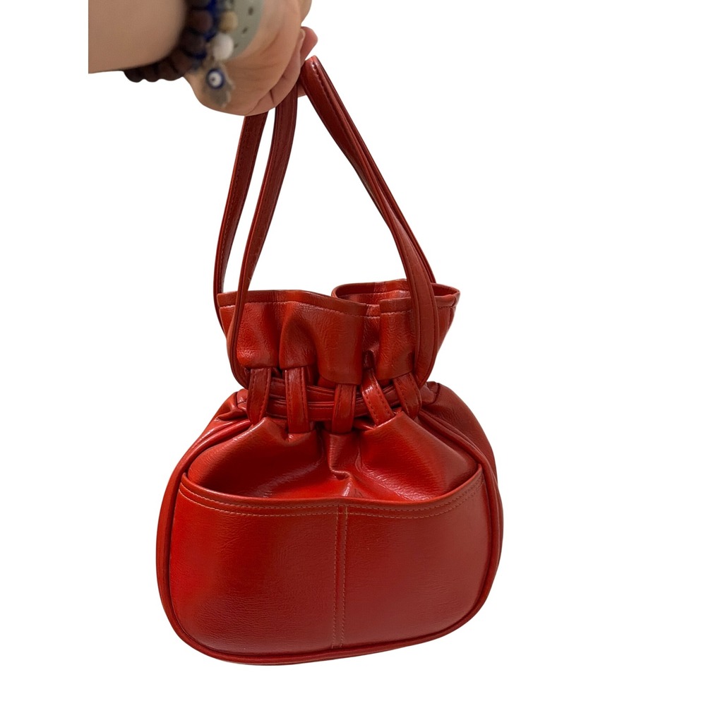 Vintage Red Faux Leather Bucket Bag Drawstring Pouch Mini Shoulder Bag Retro‎